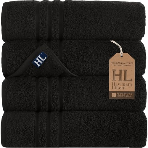 Hammam Linen Lot de 4 Serviettes de Bain 100% Coton, Douces et absorbantes, de qualité supérieure, parfaites pour Un Usage Quotidien, 68,6 x 137,2 cm, Noir