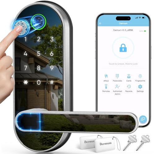 Keyless Entry Fingerprint Digital Smart Lock with Handle & Keypad: Electronic/Electric Lock with Code, App Control Biometric Deadbolt Door Knob for Front, Interior, Exterior & Bedroom Door (Silver)