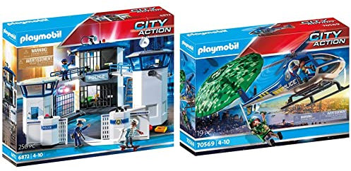 PLAYMOBIL City Action 6872 Polizeistation mit Gefängnis, Ab 5 Jahren & City Action 70569 Polizei-Hubschrauber: Fallschirm-Verfolgung, Für Kinder von 4 - 10 Jahre