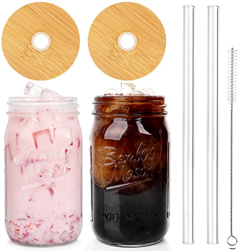 ANOTION Mason Jar with Lid and Straw, 32oz Wide Mouth Cup Reusable Drinking Glasses Tumbler Smoothie Water Bottles for Iced Coffee Margaritas Ice Cream Juice Cocktail Christmas Gifts