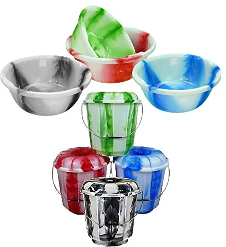 (Set of 2) 1 x 16” Plastic Tie Dye Basin Washtub Dish Washing Up Bowl and 1 x 25 Litre Plastic Tie Dye Bucket with Lid and Metal Handle Fishing Water Pail and Food Storage Kitchen (Random Colours)