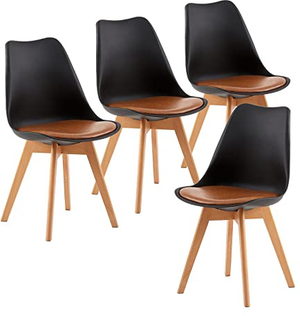 H.J WeDoo - Juego de 4 Sillas de Comedor Escandinavas Sillas de Cocina Clásicas con Cojín de Cuero Marrón y Madera de Haya Maciza, Negro y Marrón