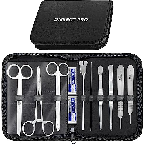 AIESI® Kit de disección con 9 instrumentos quirúrgicos de acero inoxidable y estuche con cremallera DISSECT PRO, Juego de instrumentos, Garantía 24 meses