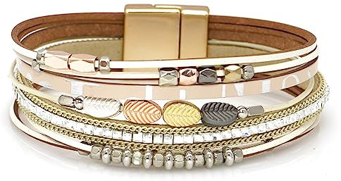 GLEAMART Mehrschichtiges Leder-Wickelarmband Perlen Armband geflochtener Armreif für Frauen, Leder