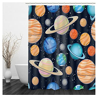Whoiy Bath Curtain Blue, Duschrollo Um Die Ecke 150X180cm Polyester Duschvorhang Planeten Muster Orange für Badezimmer Badewanne