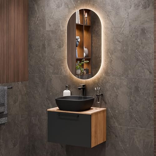 Planetmöbel Astra Badmöbel Set mit Waschtisch 60 cm Gold Eiche Anthrazit, Aufsatzwaschbecken 42 cm schwarz, Spiegel (mit LED) 50cm