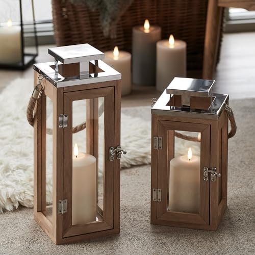 Lights4fun TruGlow Juego de 2 Faroles de Vela LED sin Llama Decorativos de Madera Rústica con Asas de Cuerda