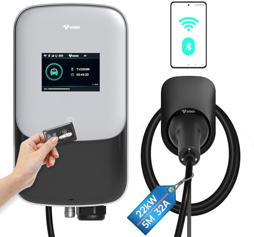 GONEO Wallbox 22kW 8-32A EV Ladestation 3-phasig OCPP mit 5m Typ 2 Ladekabel für EV/PHEV Ev-Ladegerät mit RFID-Karte IP65 IK10 Geschützter TFT-Bildschirm WiFi BT Ethernet App-Steuerung