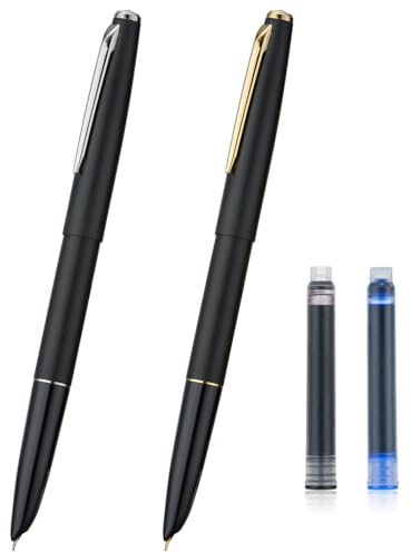 Jinhao 911 Fountain Pen Extra Fine Nib, Matte Black with Gold & Silver Trim, Lightweight and Durable, Includes Ink Cartridges & Converters, Smooth Writing Pen (2 PCS)