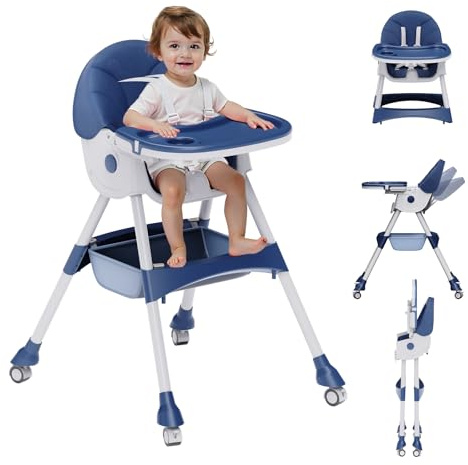 High Chairs for Babies and Toddlers, 4 in 1 Convertible Baby High Chair, Portable High Chair for Travel with Adjustable Height and Back, Foldable HighChair with Wheels& Pu Cushion