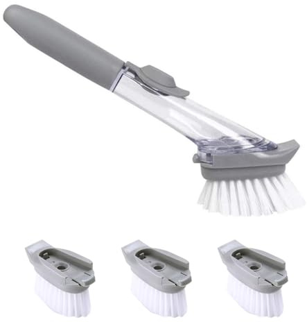 1 Piece Dish Brush With 4 Replacement Heads - Multifunctional Kitchen Cleaning Accessories With Dispenser