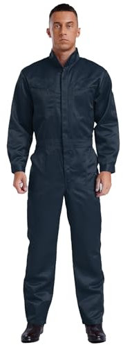 MSemis Herren Langarm-Overall Baumwolle Arbeitsoverall Einfarbig Jumpsuit mit Reißverschluss Lang Schutzanzug Arbeitskleidung Navy blau XXL