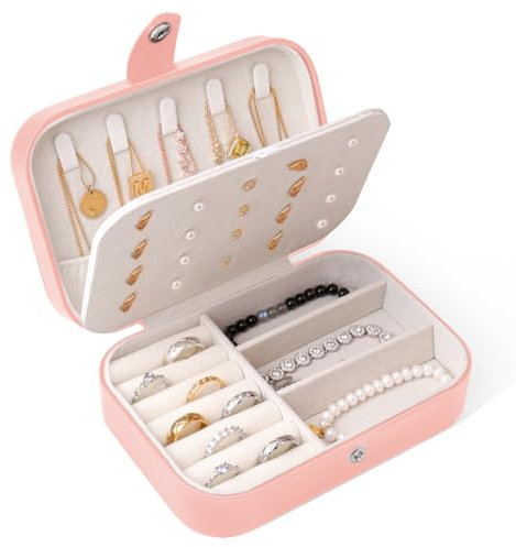 hoinya Jewellery Box, Small Travel Jewellery Organiser Storage Case for Rings Earrings Necklace Bracelets PU Leather Jewelry Gift Box Girls Women Mothers Birthday Valentines Day, Pink