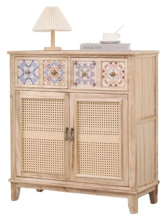 Esszimmerschrank aus massivem Holz mit Doppeltüren aus Rattangeflecht, lackierte Oberfläche, Zwei Schubladen in Naturholzfarbe, Teeschrank für das Wohnzimmer und Sch,One Color