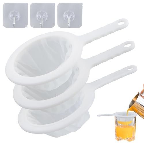 3 Filtros de Nailon con Malla 400/200/100, Colador de Cocina Fino con Mango de Plástico para Filtrar Zumo, Leche de Soja, Vino y Café
