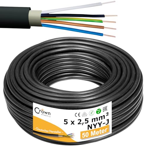 NYY-J 5x2,5mm² 50m Erdkabel Länge am Stück | Elektrokabel Ring für Verlegung im Erdreich & Außenbereich | Kupfer Eindrähtig DIN VDE 0276 Teil 603/627 | Deutsche Markenhersteller
