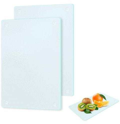 Planche a Decouper en Verre 2 Pièces Planche à Découper en Verre Planche a Decouper Transparente avec Silicone Pieds Planche a Découper pour Viande Charcuterie Légumes et Fruits (28X20 cm)