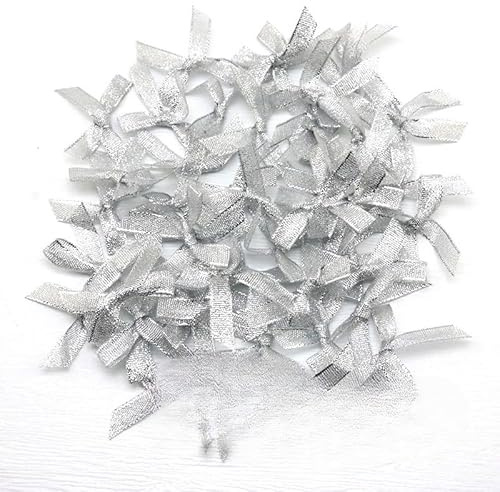 YKAFADE Mini Satinschleifen,50 Stück Satinband Schleifen Satinschleifen Deko Klein Satin Band Schleife Mini Band Bowtie für Karte Herstellung Verzierungen Geschenkverpackung -Silber