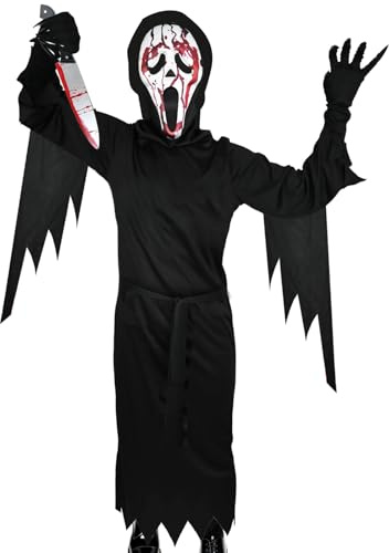 HERMORRYSS Costume di Halloween Scream per Bambini, Costume Scream Ghostface Con Maschera, Guanti e Pugnale, Spaventoso Volto da Fantasma Scream per Halloween, Carnevale, Cosplay, Festa A Tema (XL)