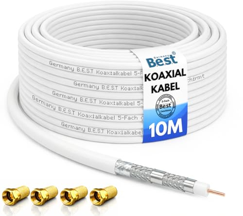 Koaxialkabel 10m SAT Kabel Antennenkabel 135dB Class A+ + 10x F-Stecker | 135 dB Class A+, 75 Ohm, 5-fach geschirmt, 4K UHD, DVB-S2, DVB-T2, DVB-C, TV Kabel, SAT Kabel, Antennenkabel
