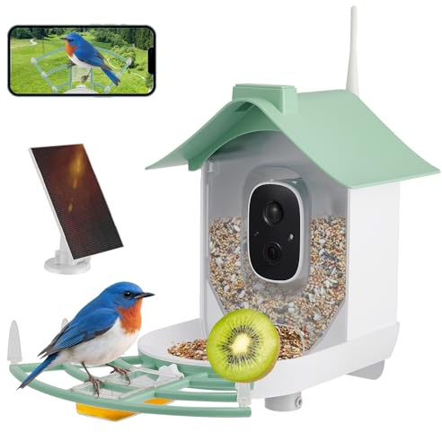 GJCrafts Vogelfutterstation mit Kamera, solarbetriebenes Vogelhäuschen für den Außenbereich, Vogelfutterstation 1080P, wetterfest IP66 (Grün)