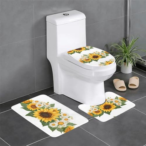 Set 3 Teilig Badvorleger Gelbe Sonnenblumen Und Weiße Blumen U-Förmigen Contour Matte Anti-Rutsch Langlebige Badgarnitur Badematten, Für Wc-Sitz Bezug, Dusche, Spa