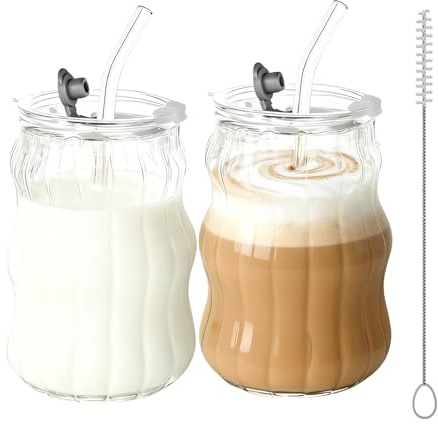 Henrrida Glass Cups with Lids and Straws,530 ml Iced Coffee Glass Travel Mug,Vertical Stripes Iced Coffee Glasses,Suitable for Hot and Cold Drinks