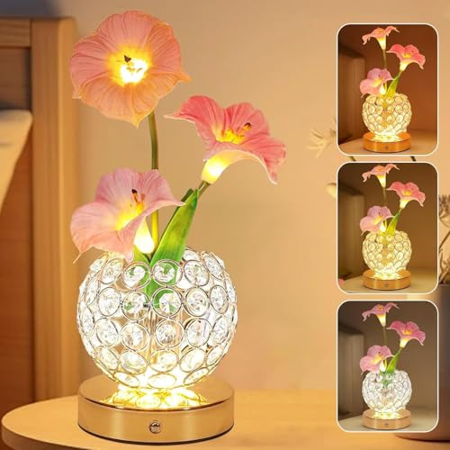 Wekity Table Flower Lamps, 3 Colors Touch Stepless Dimming Crystal Night Light, Rechargeable Artificial Flower Light, LED Flower with Vase Lamp Romantic Decor for Date Party Home (Morning Glory-Pink)