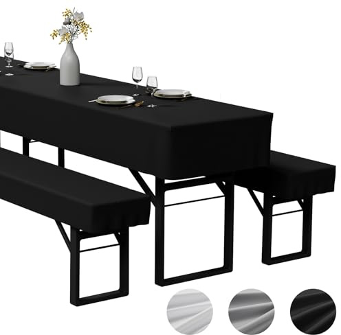Zdada 3-teilige Bierzeltgarnitur Auflage (Schwarz, 220x70cm) | Enthält 2 Bierbank Hussen und 1 Biertisch Husse aus, Waschbar, Fixierbar und Windfest Bierzeltgarnitur Hussen, für Bankette