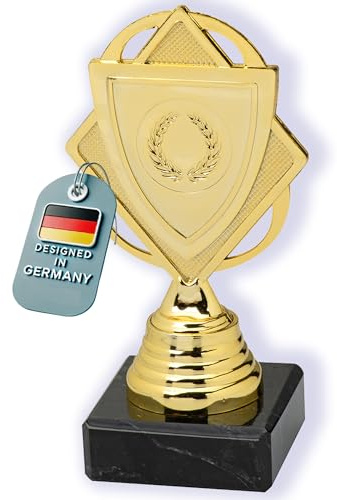 Larius Pokal (14cm, 176g) – Edle, universelle Trophäe mit Marmorsockel – Personalisierbar – Ideal für Sport, Schule, Wettbewerbe & Auszeichnungen – B2 (ohne Wunschtext, Gold)