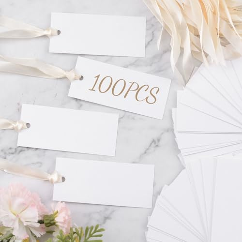 URROMA 100 tarjetas de lugar rectangulares, tarjetas de nombre en blanco para asiento de mesa, para boda, acompañante, recepción, letreros de nombre de invitados con cinta beige