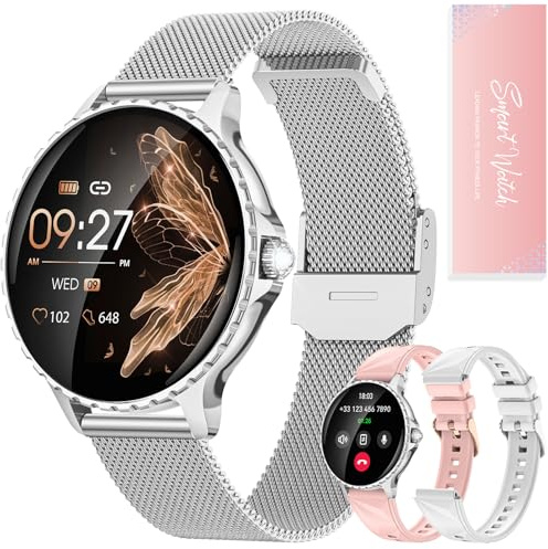 Montre Connectée Femme, Appel Bluetooth, 1,27'' Montre Femme Ronde Elegant, 3 Bracelets, Design Diamant 200+ Cadrans, Cardiaque SpO2 Sommeil Fonction Féminine, 113 Sport, Smartwatch Android iOS Argent