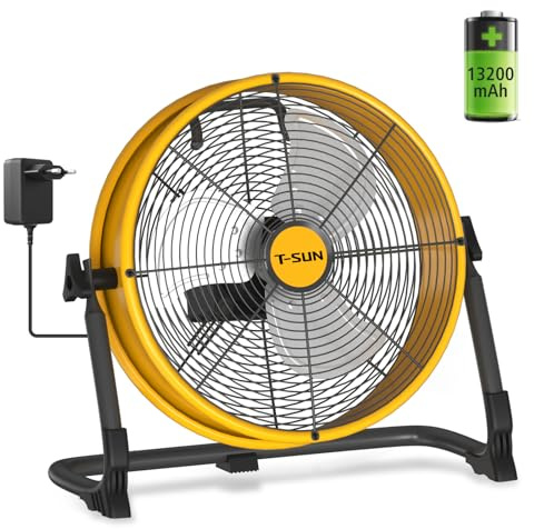 T-SUN 30cm Akku Ventilator, Leise Bodenventilator mit Aufladbarer 13200mAh Akku, Tragbarer Ventilator mit USB und Typ-C, 17dB, 1500CFM, Stufenlose Geschw für Baustellen,Garagen, Camping, Reisen