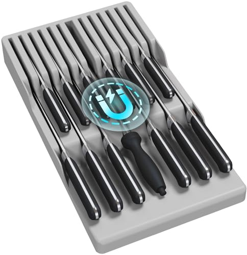 Lifewit Magnetic Drawer Knife Organizers Insert, Kitchen Plastic in Drawer Knife Block Slots for 12 Knives and 1 Sharpening Steel, Extra Large Steak Chefs Knives Holder Storage Sets, Grey
