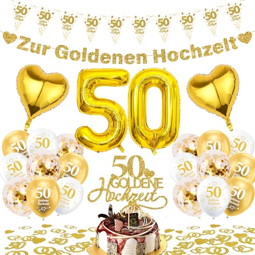 Goldene Hochzeit Deko Luftballons Banner - 125 Stück Deko fur Paar | 50 Hochzeitstag Deko mit Glitzer Girlande Tischdeko Ballons Folienballon Zahl für Goldhochzeit Paar Jubiläum