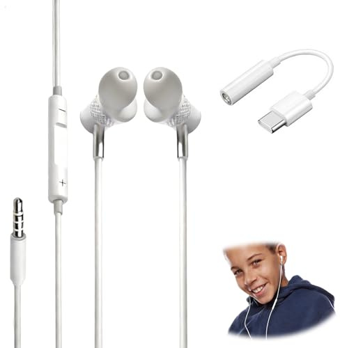 Écouteurs Filaires Jack 3,5 mm avec Adaptateur USB-C, Écouteurs Intra-Auriculaires avec Micro pour Appels et Musique
