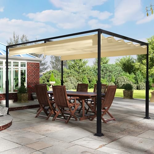 UISEBRT Metall Pergola 3x4 m wasserdicht stabil Winterfest,Pavillon mit lamellendach,überdachung freistehend mit Schiebedach Sonnenschutz für Gärten und Terrassen,Beige