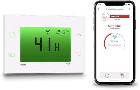 VEMER VE797700 TUO RH WI-FI - Umidostato WiFi Touch Screen da Parete, Igrostato Digitale con App, Configurazione Veloce tramite Bluetooth, Alimentazione 230V, Bianco