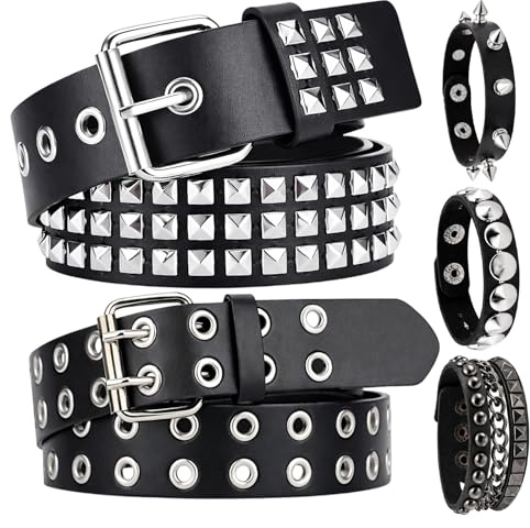 VgxRolq Nietengürtel, 5-teiliges Set Y2K Accessoires Punk Rock, Gothic Schmuck Nietenarmband, Schwarz Taillengürtel mit Nieten, Punk Rock Accessoires für 80er-Jahre Party Halloween Unisex