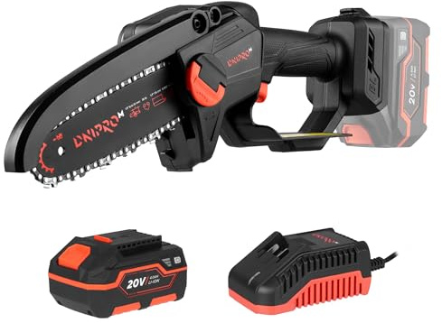 Mini Motosierra a Batería Dnipro-M DMS-200BC 20V, Guía 15 cm, con 4Ah | Velocidad de cadena de 7,9 m/s │ Engrase automático, depósito de 45 ml │ Hasta 467 cortes en pino seco por carga