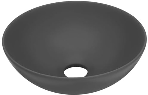 Lavabo da appoggio rotondo in ceramica opaca grigio scuro senza troppopieno, con foro di scarico da 4,5 cm, per bagno, cucina o garage, rubinetto non incluso.