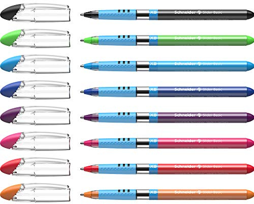 Schneider 151298 Slider Basic Kugelschreiber (Kappenmodell mit Soft-Grip-Zone und der Strichstärke XB, schwarz dokumentenecht) 8er Etui,sortiert