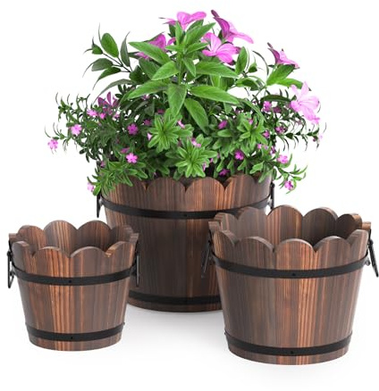 HakkaGirl Wooden Bucket Barrel Planters, Rustic Patio Planters Flower Pots for Plants Indoor Décor, Set of 3
