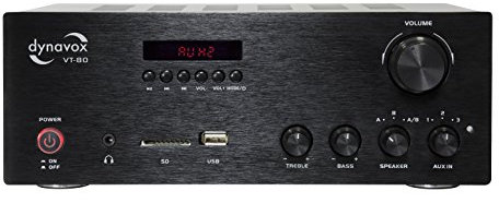 Dynavox Stereo Kompakt-Verstärker VT-80 schwarz, schraubbare Anschluss-Terminals für 4 Lautsprecher, Fernbedienung nur für Digital-Eingänge (USB, SD-Card), integrierte BT-Antenne