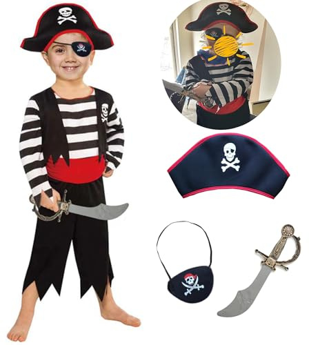 SPUNICOS Children's Pirate Costume with Hat, Eyepatch, Cutlass Kids S(4-6)