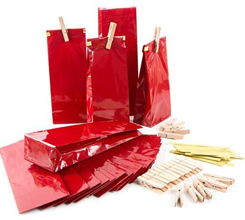 Logbuch-Verlag 25 kleine rote Beutel für Lebensmittel wie Tee Pralinen Kekse 7 x 4 x 20,5 cm mit Clips + Klammer