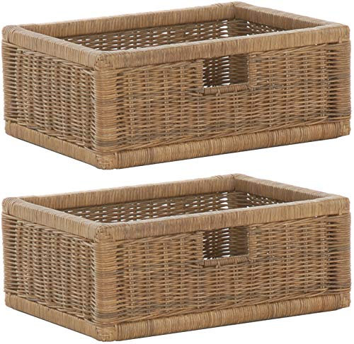 korb.outlet Set / 2 Regalkorb Braun-Hell ca. 42x32x17 mit Holzrahmen Rattan Schubfach Box zur Aufbewahrung Schrankkorb Griff