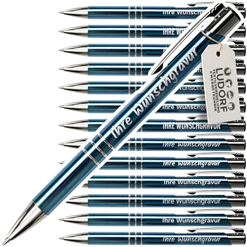 #teamludorf 25x Metall-Kugelschreiber mit Wunsch-Gravur - Personalisierte Kulis - Stift mit Namen - 14 Farben & 20 Schriftarten - 25 Stück - Skyblau