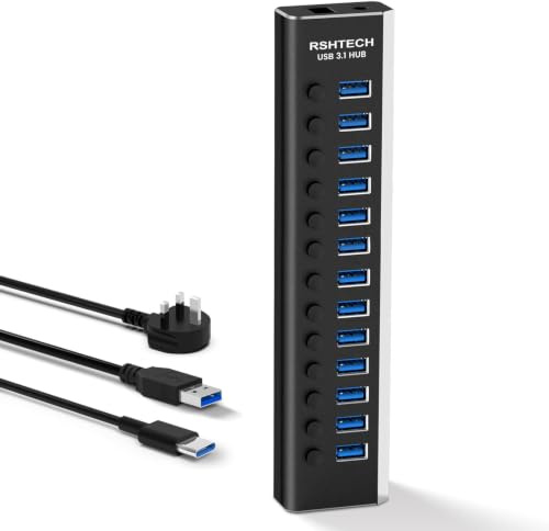 RSHTECH 72W Powered USB Hub, USB-C/A to 13x 10Gbps USB-A Ports (RSH-A13) | Aluminum 10Gbps USB 3.1/3.2 Gen2 Hub with 12V/6A Power Adapter for USB-A, USB-C & Thunderbolt Port Laptops and Desktops