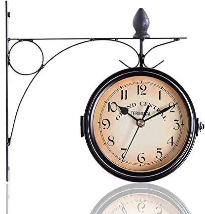PaMeer Dual faced Station Clock, Round Wall Hanging Double Sided Garden Clock, Wall-Mounted Hanging Station Clock, Outdoor Wall-Mounted Garden Clock - Black
